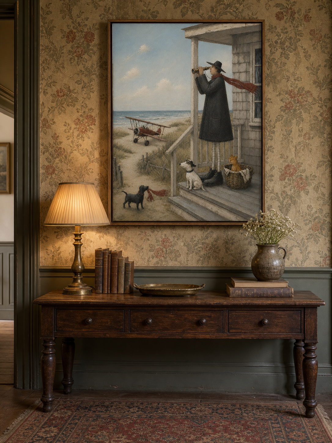 Charming Coastal Art Featuring A Seaside Porch And Vintage Biplane