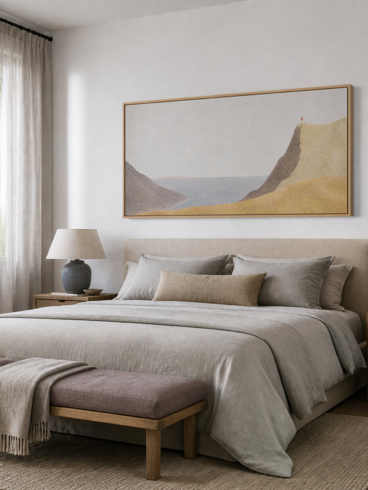 Beige Coastal Wall Art Hand Painted Minimalist Cliff Scene For Bedroom