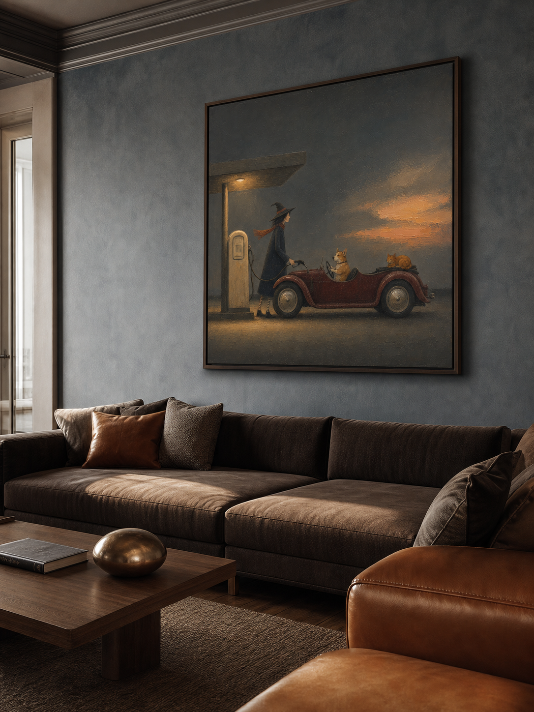 Vintage Car Painting With Witch And Dog Classic Wall Art For Home Decor