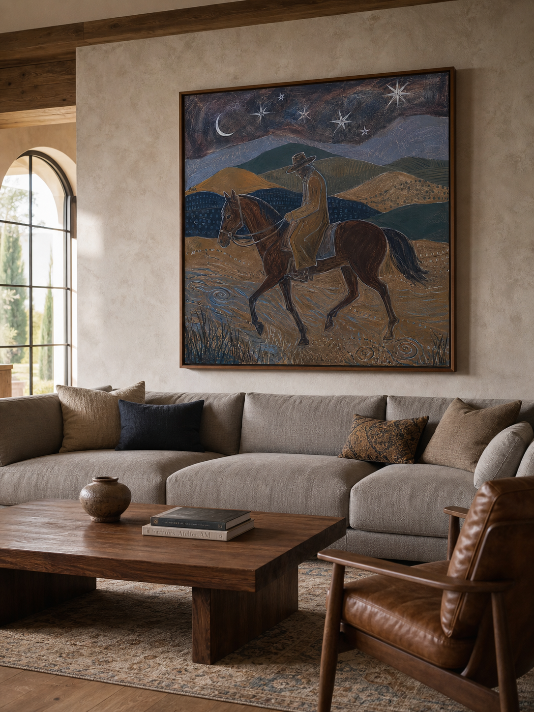 Original Western Cowboy Horse Painting With Moon And Stars For Living Room Decor