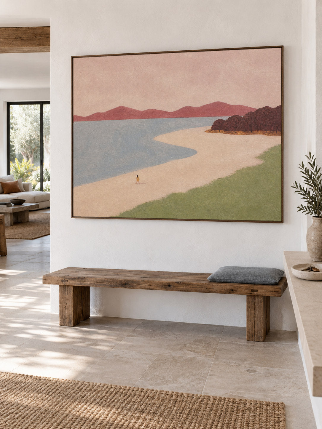 Neutral Dusty Blue Beach Canvas Art With Lone Walker For Modern Bedroom Decor