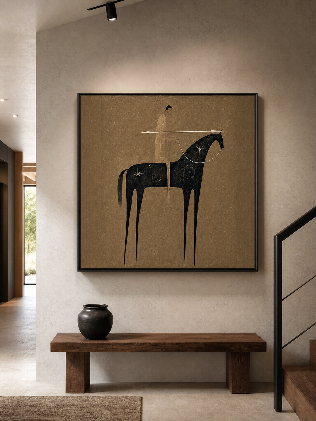 Vintage Abstract Horse And Rider Painting On Linen Canvas For Living Room Decor