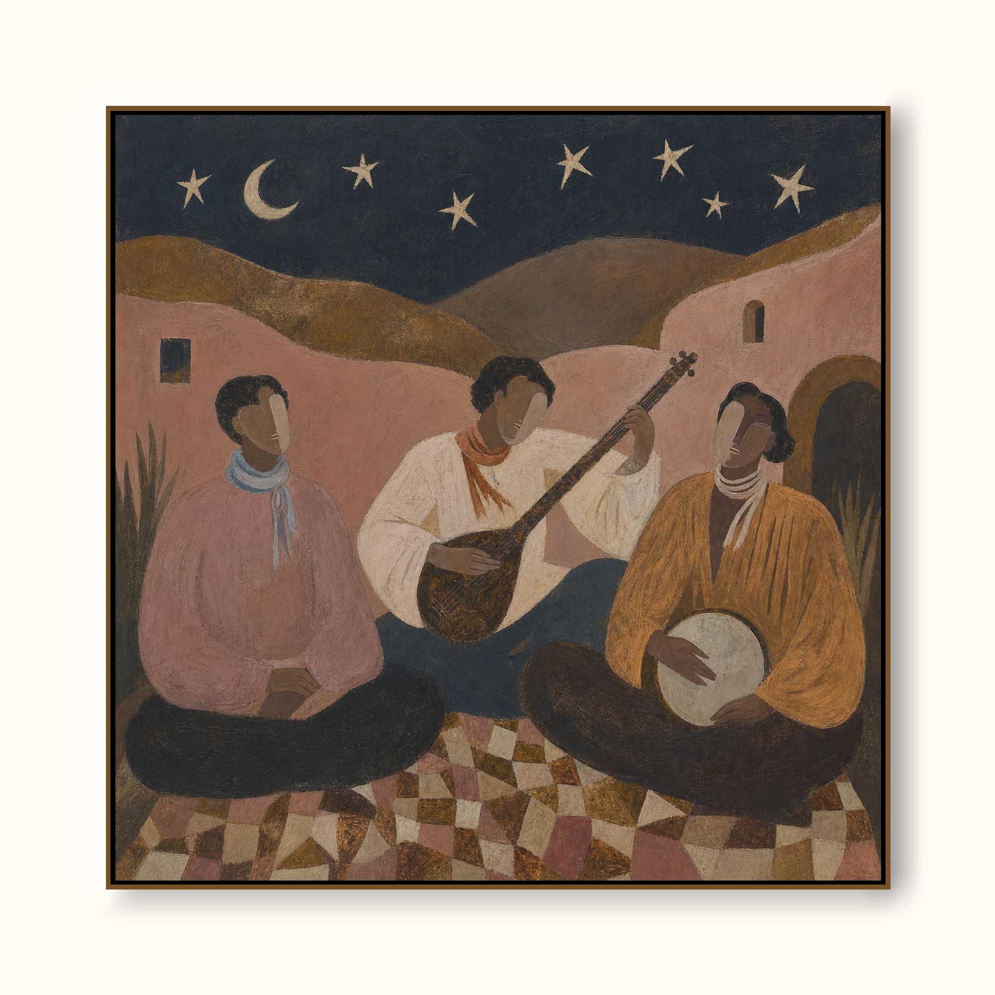 Vintage Folk Music Painting With Musicians Under Stars For Living Room Decor