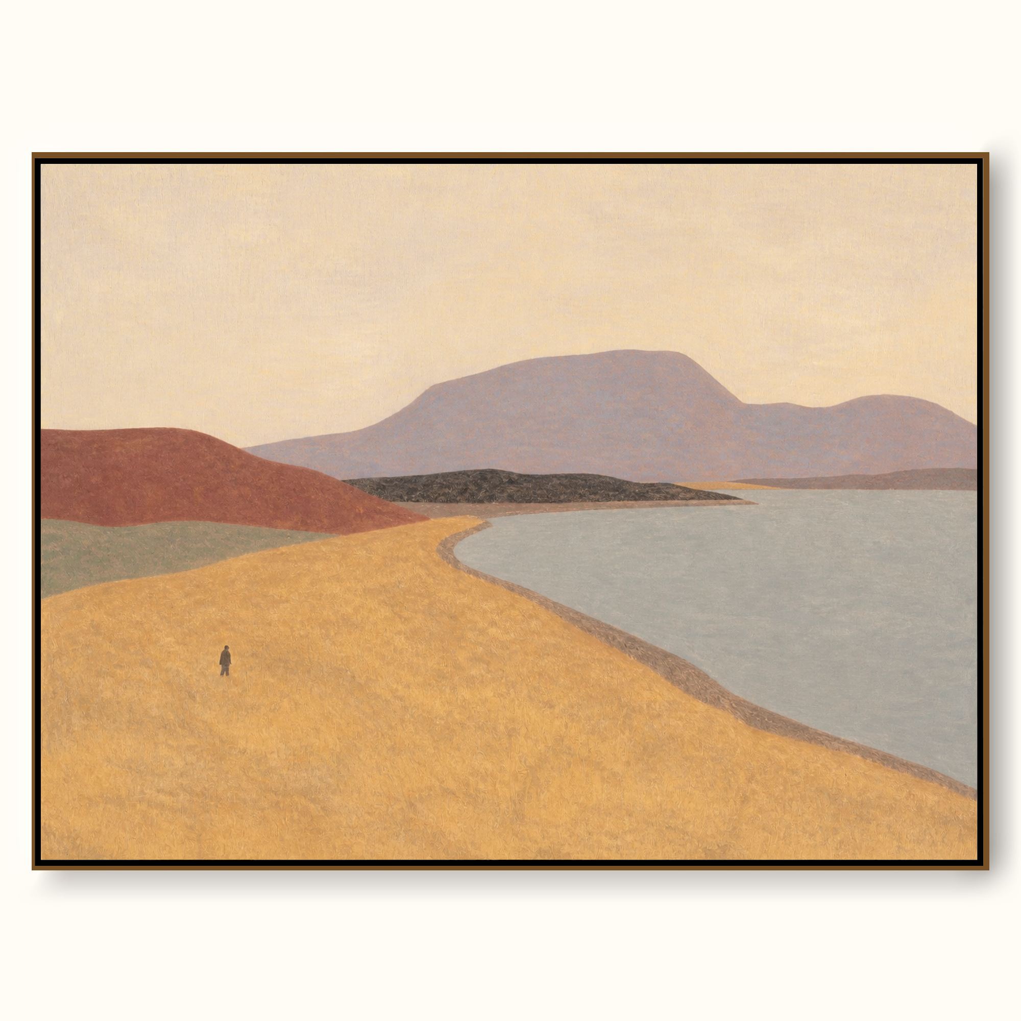 Golden Earth Tone Minimalist Shoreline And Layered Mountains Wall Decor