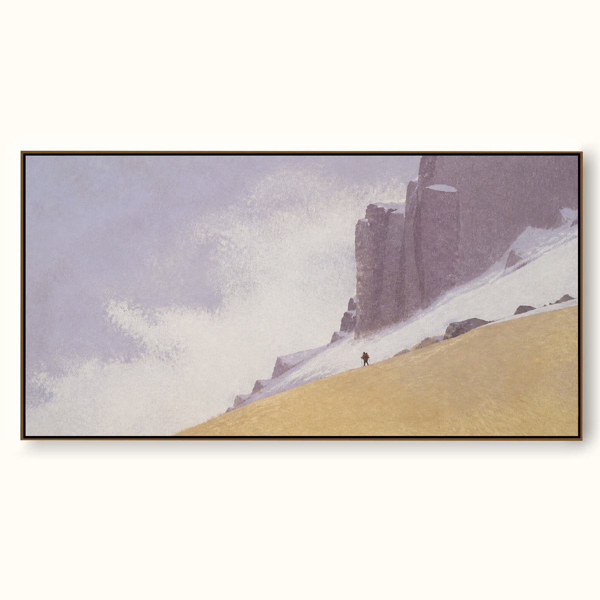 Large Hand Painted Minimalist Snowy Cliffs With Tiny Hikers Wall Art