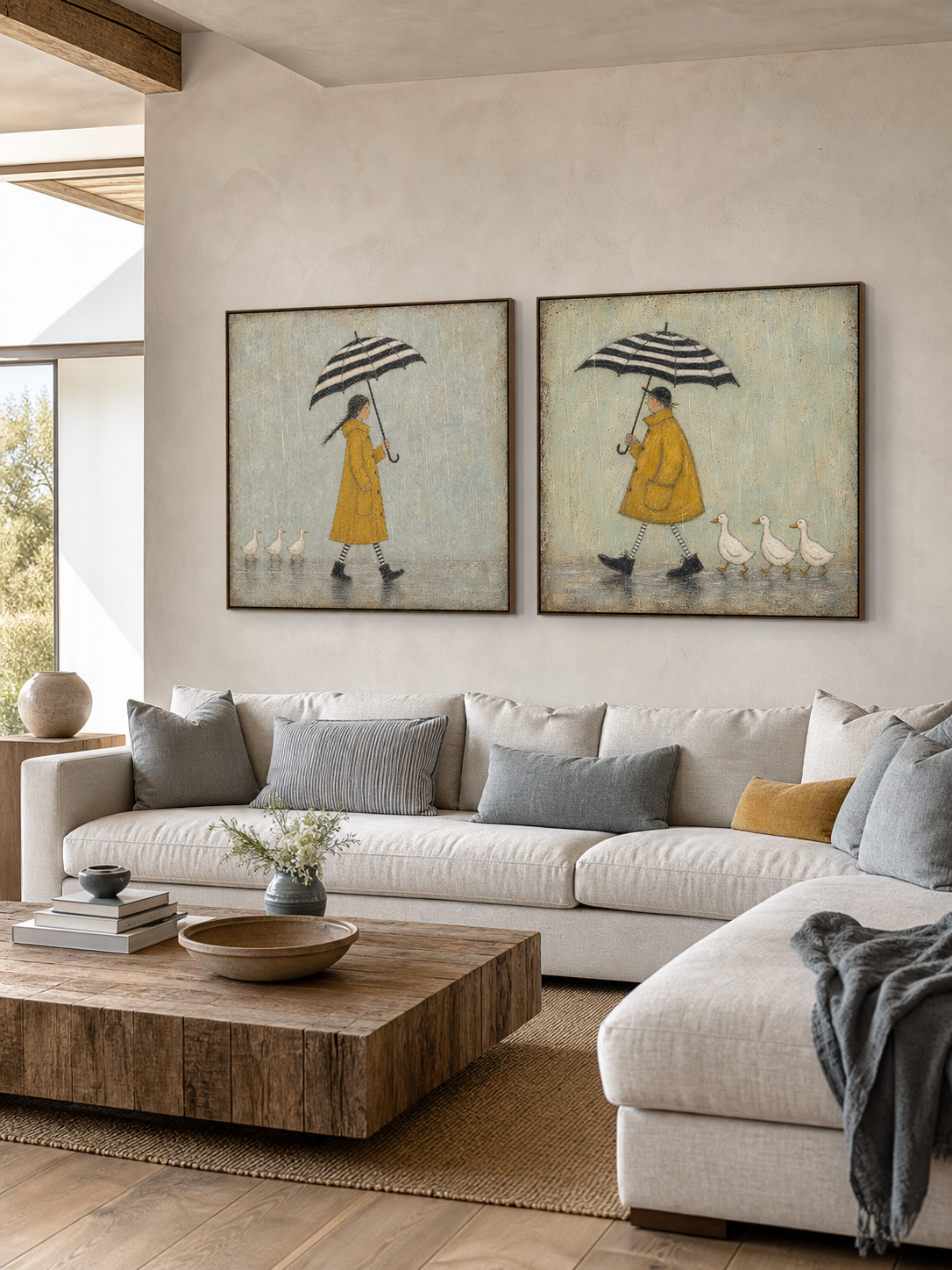 Whimsical Rainy Day Art With Ducks And Yellow Raincoats For Cottage Style Home