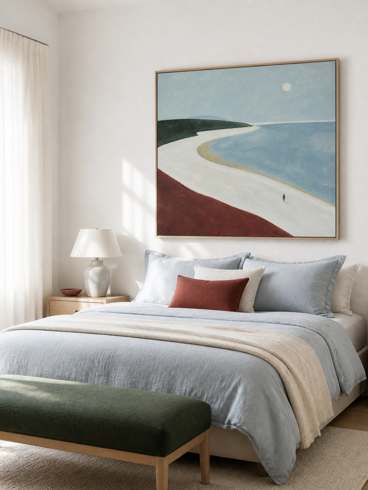 Minimalist Moonlit Beach Painting Original Art In Soft Blue And Earth Tones