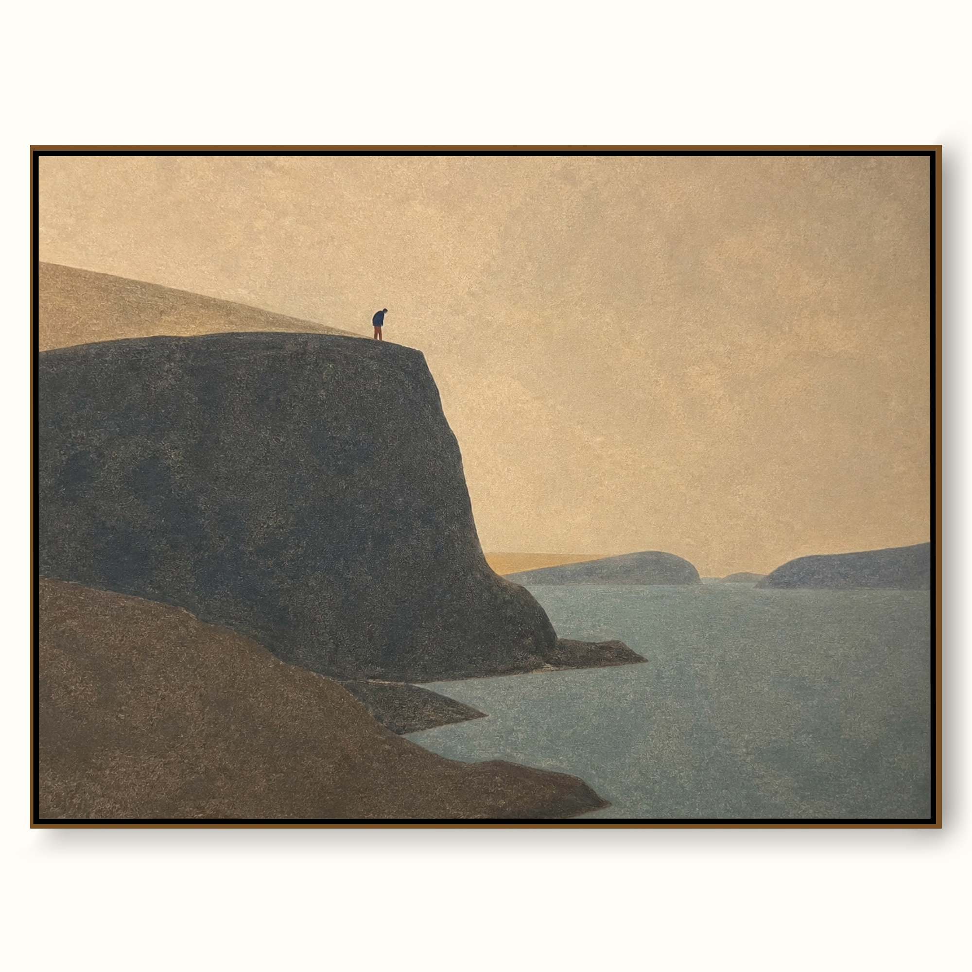 Minimalist Cliff Traveler Painting Hand-Painted Blue Inlet Wall Art