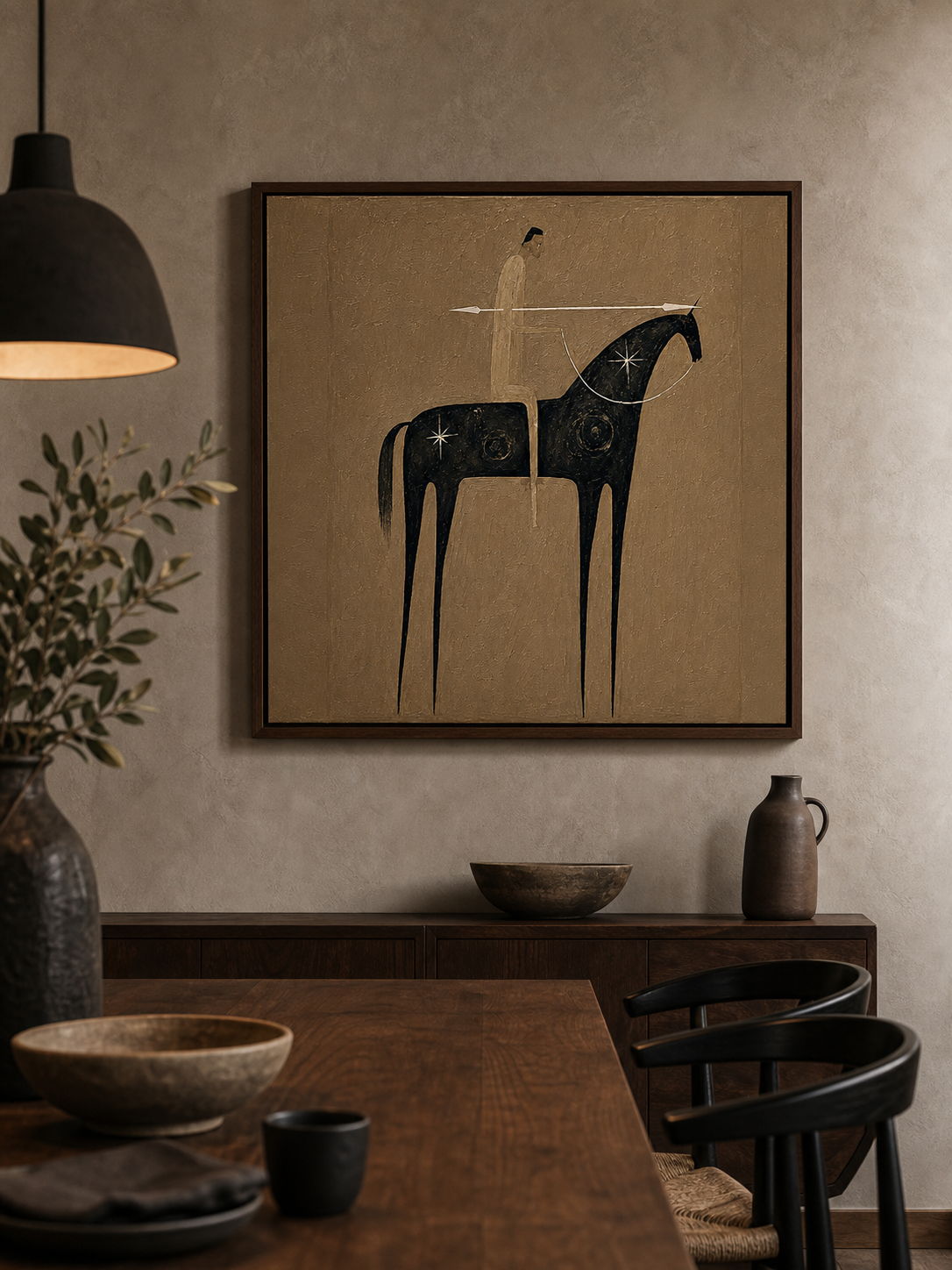 Vintage Abstract Horse And Rider Painting On Linen Canvas For Living Room Decor
