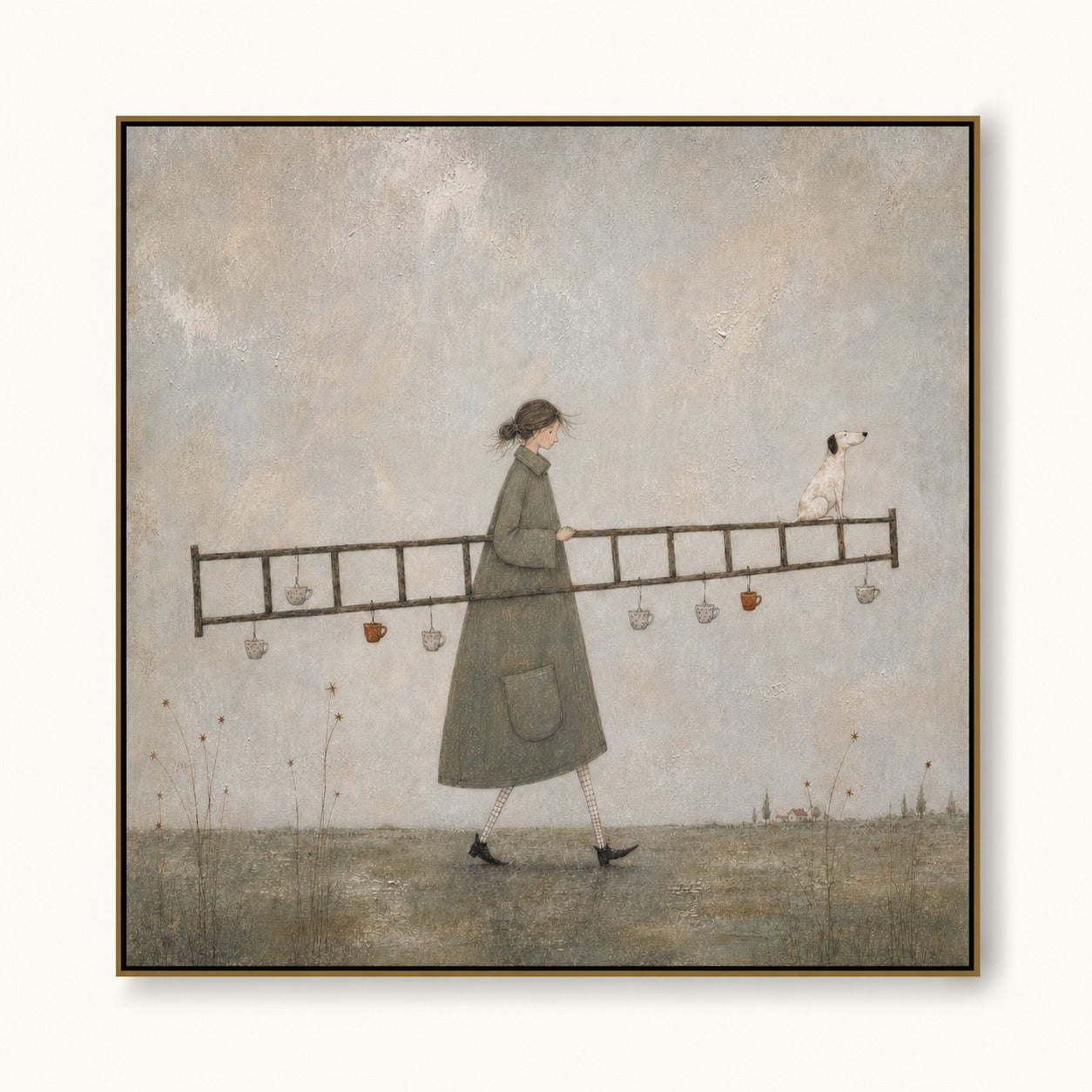 Original Man With Ladder Oil Painting Handmade Whimsical Wall Art For Living Room