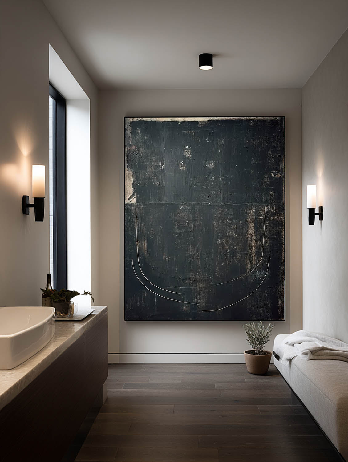 Handmade Black Minimalist Line Texture Painting Modern Handmade Black Abstract Painting Minimal Line Textured Canvas Artwork