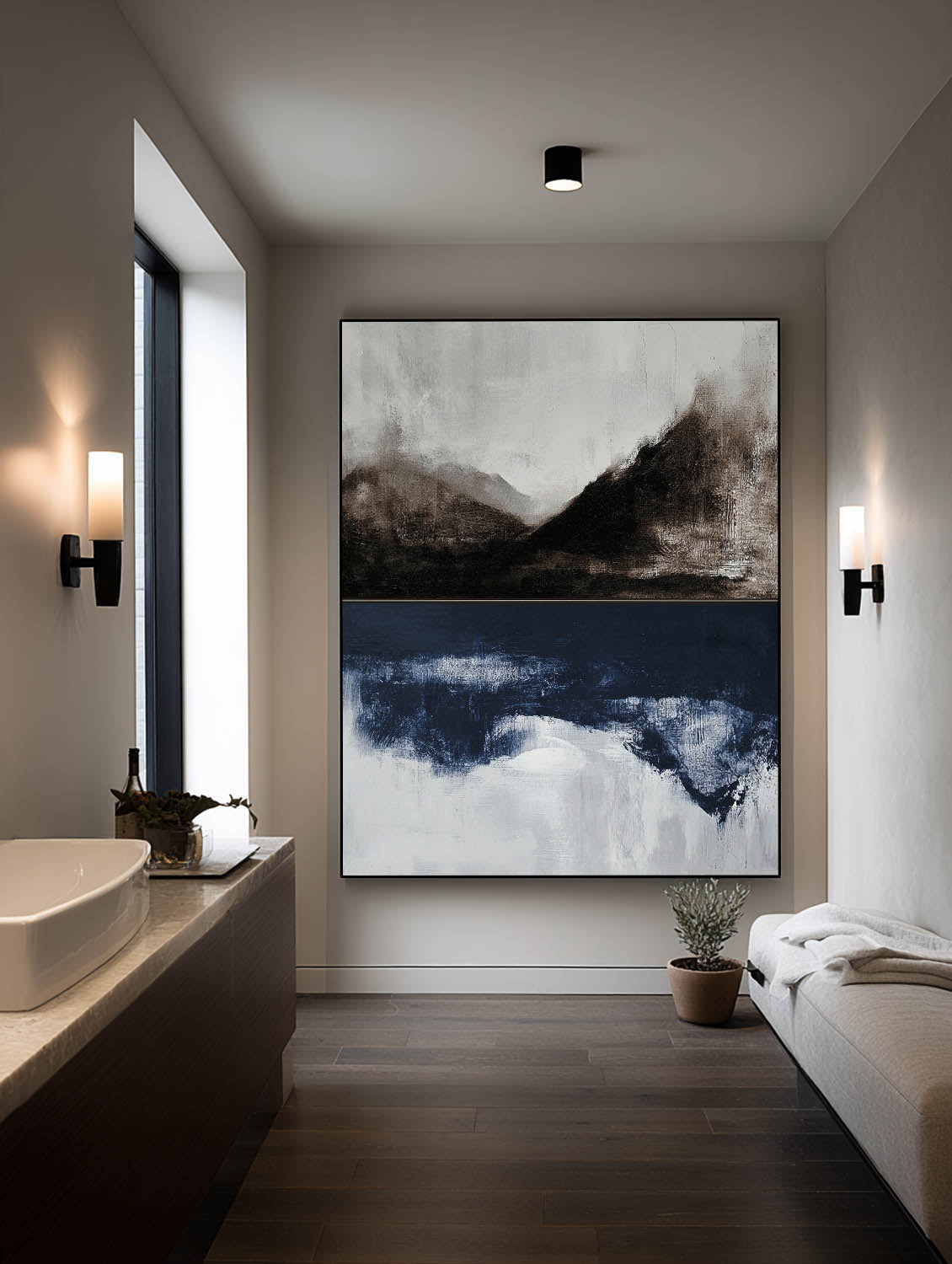 Minimalist Abstract Landscape Oil Painting Neutral Wabi Sabi Wall Art Black And Blue Handmade Canvas Painting