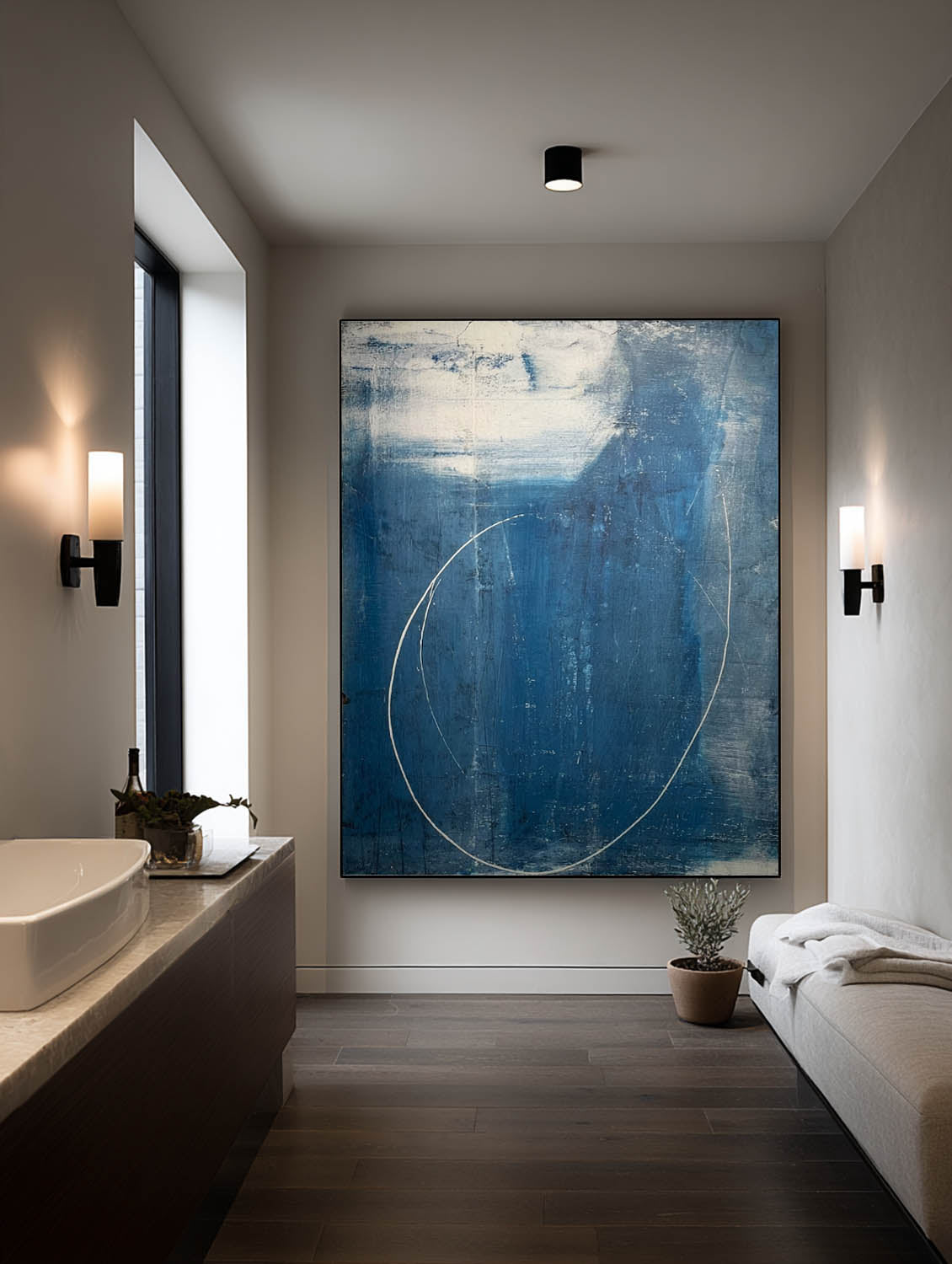 Navy Blue One Line Abstract Painting Minimalist Navy Blue Frame Wall Art Handmade Blue Abstract Line Canvas Art