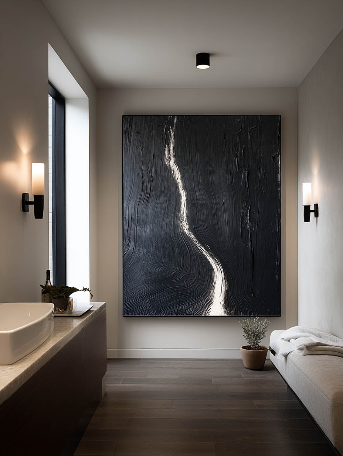 Modern Minimalist Black Oil Painting Contemporary Black Abstract Line Painting Large Black Abstract Texture Wall Art