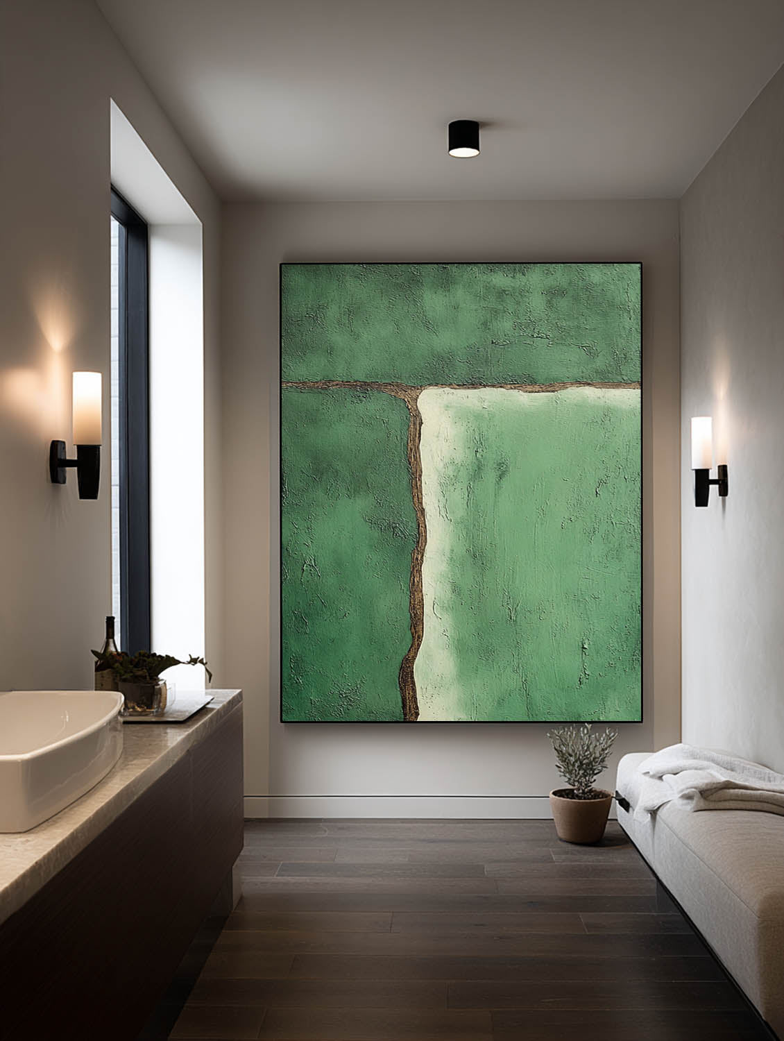 Handmade Green Minimalist Abstract Line Art Modern Handmade Green Textured Abstract Painting Minimal Line Oil Art For Living Room