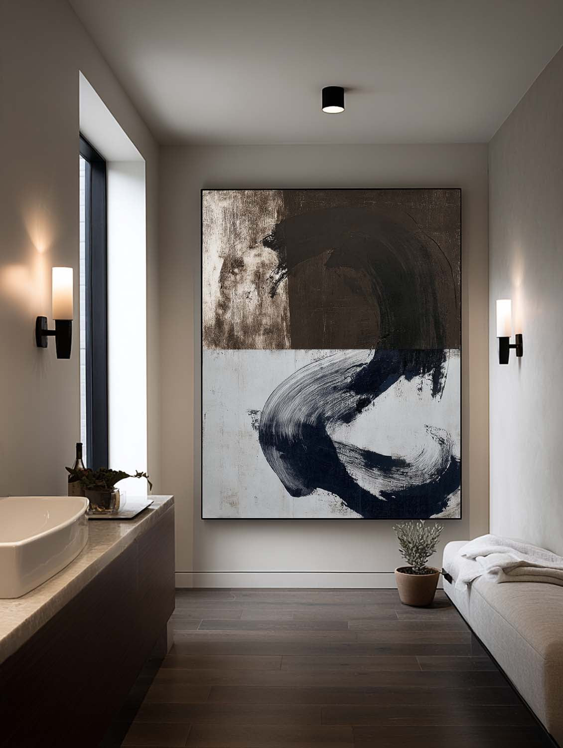 Handmade Brown And White Textured Oil Painting Minimalist Abstract Wall Art Contemporary Wabi Sabi Canvas For Home Decor