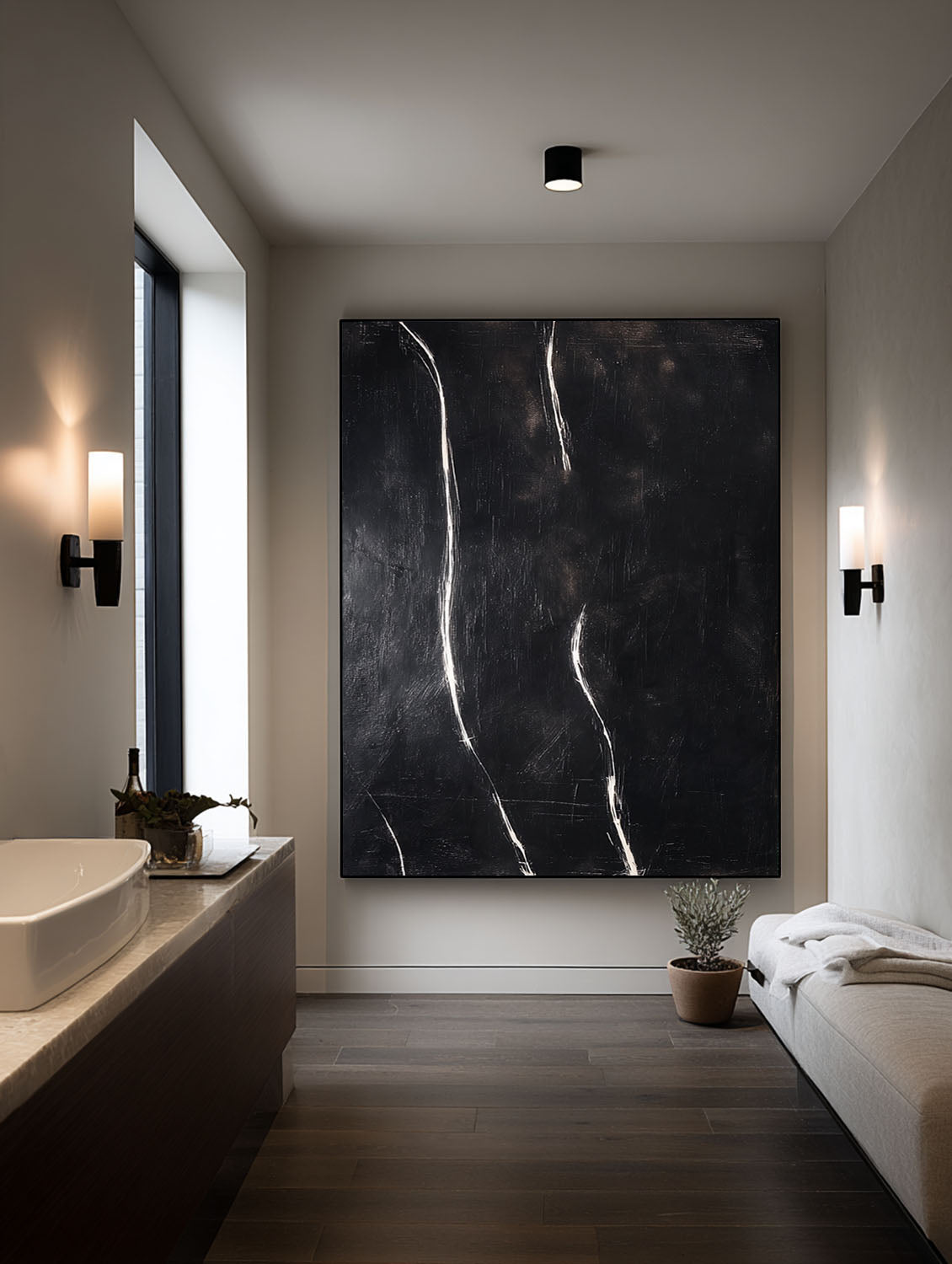 Handmade Black Minimalist Abstract Oil Painting Modern Black Abstract Textured Painting Black Minimalist Line Abstract Painting