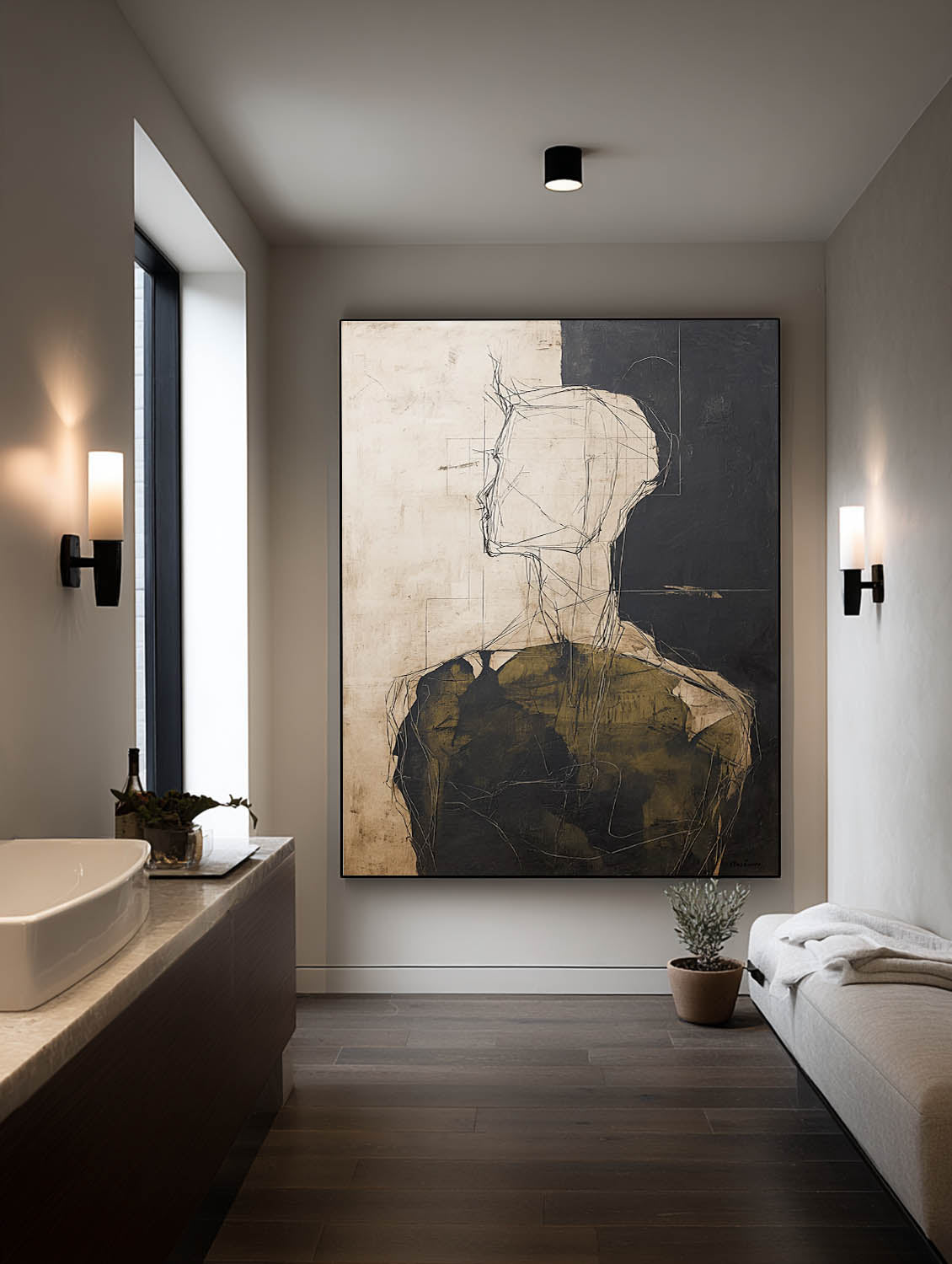 Black Beige Abstract Figure Painting Neutral Black And Beige Abstract Portrait Art Large Figure Wall Art For Home Interiors