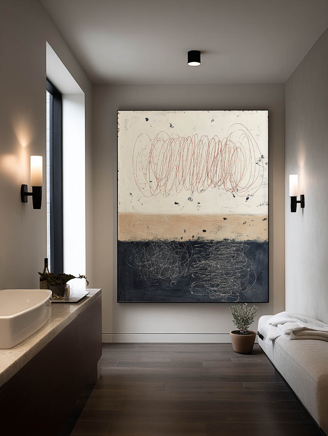 Beige Minimalist Line Wall Art Black Beige Abstract Painting Large Wabi Sabi Oil Painting Beige Abstract Line Art