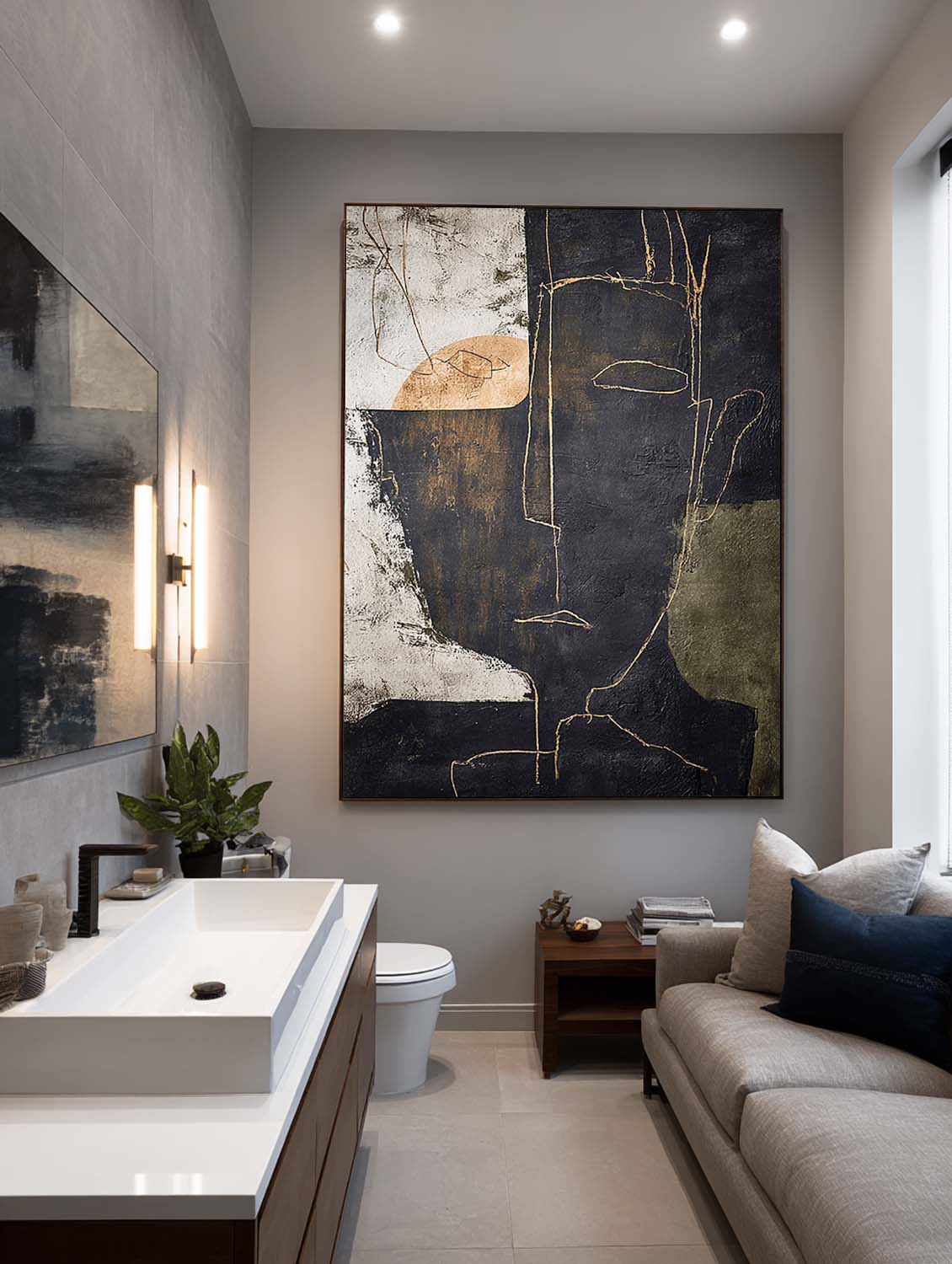 Handmade Black Beige Abstract Portrait Painting Large Black Abstract Face Oil Painting Original Minimalist Line Artwork