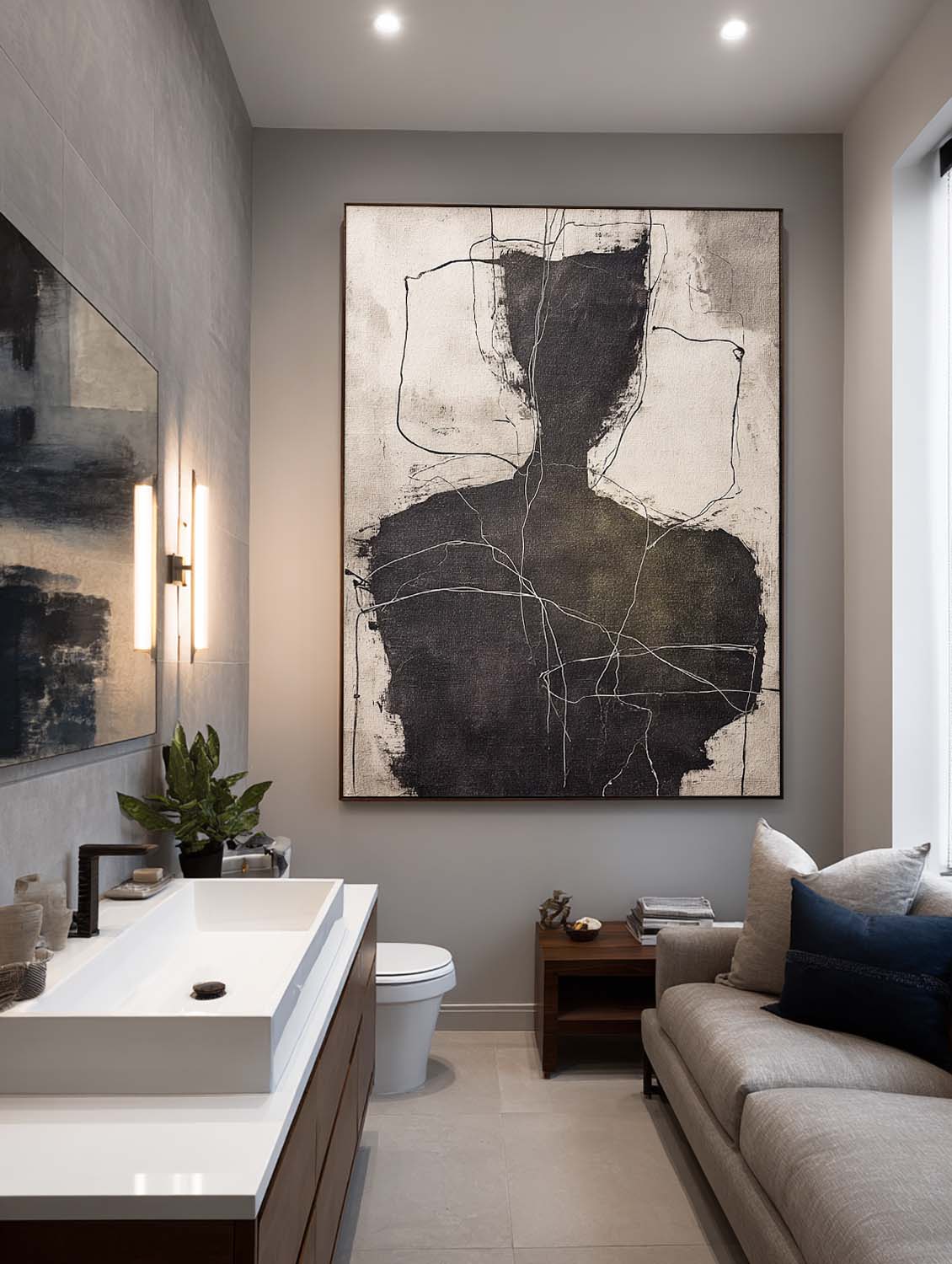 Large Black And Beige Minimalist Figure Oil Painting Original Abstract Line Artwork In Dark Green And Black Tones