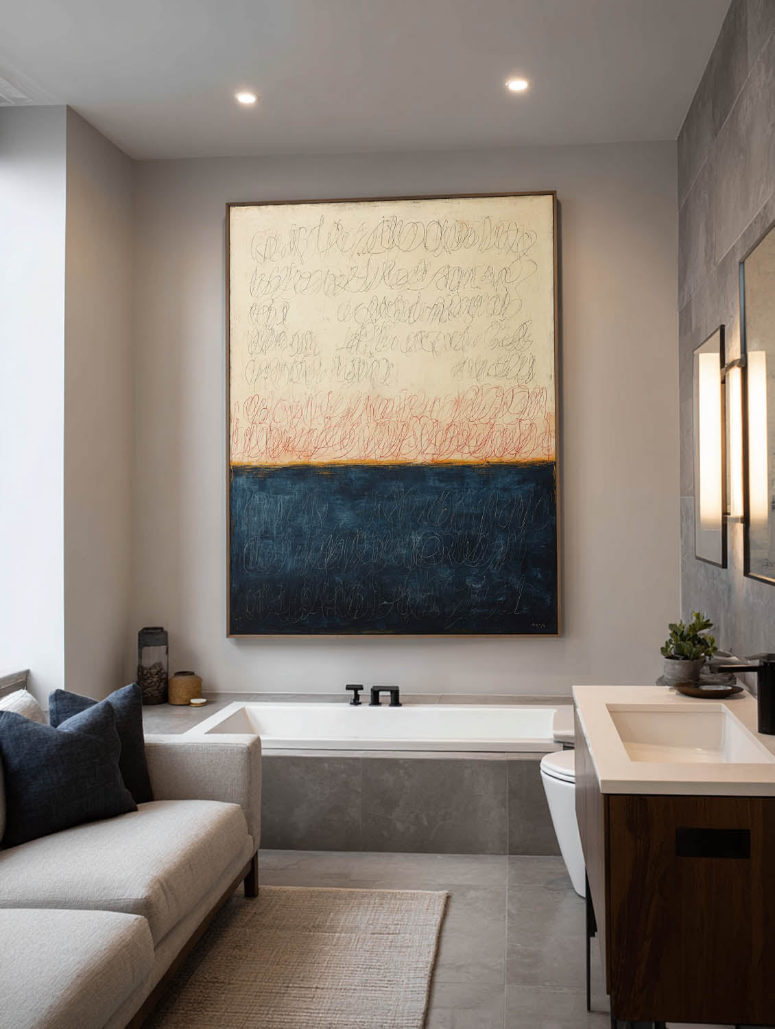 Large Beige and Blue Abstract Line Painting Original Hand-Painted Beige and Deep Blue Abstract Canvas Beige and Blue Abstract Line Art