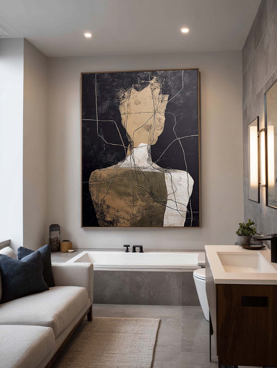 Original Beige And Black Abstract Figure Oil Painting Large Beige Minimalist Line Artwork Black And Beige Abstract People Art