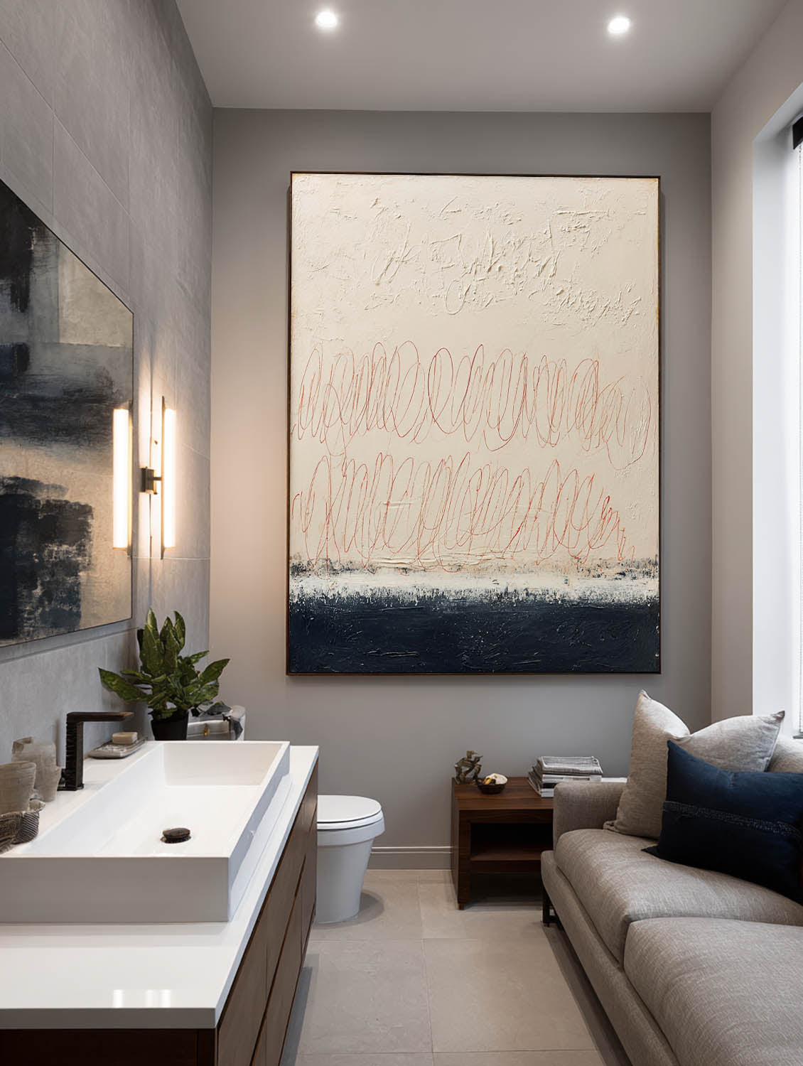 Original Hand-Painted Beige Line Wall Art Large Beige And Black Textured Abstract Painting Minimalist Beige Abstract Line Art