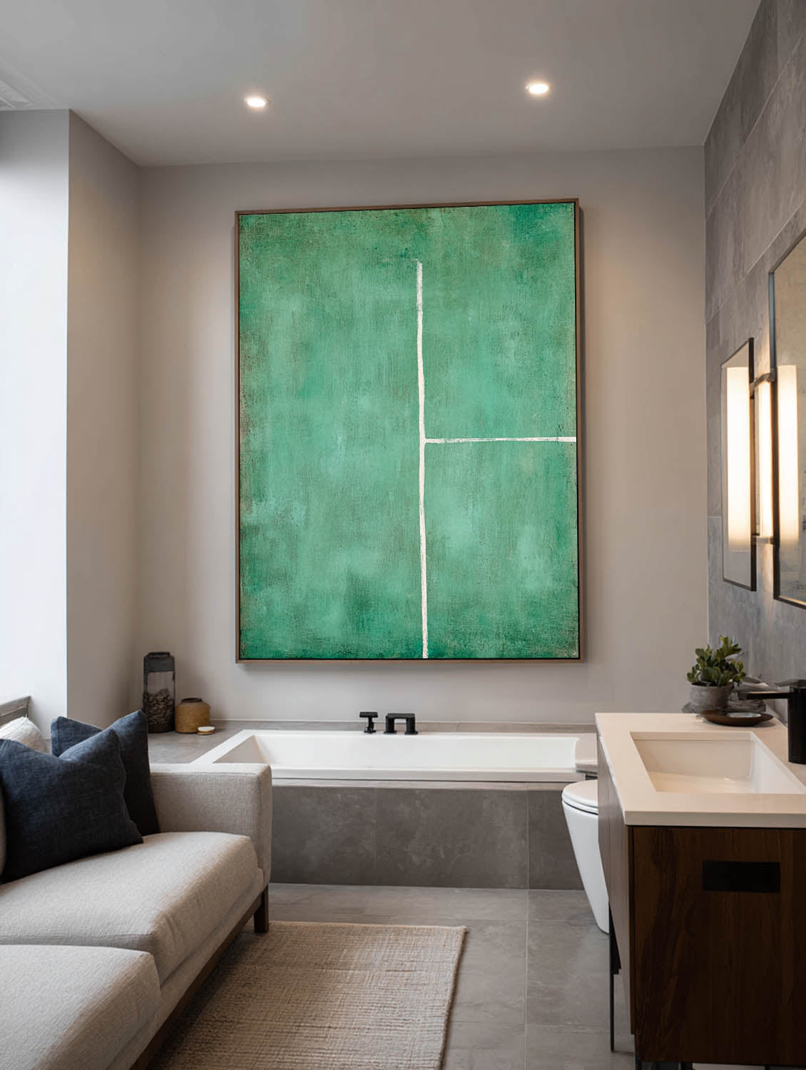 Green Minimalist Abstract Oil Painting Handmade Green Abstract Line Painting Large Green Texture Wall Art