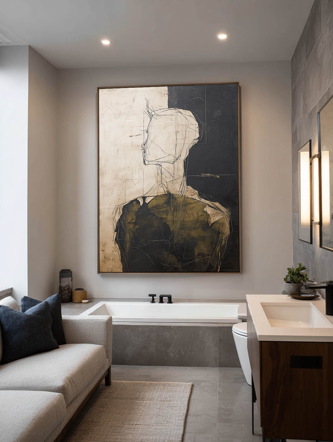 Black Beige Abstract Figure Painting Neutral Black And Beige Abstract Portrait Art Large Figure Wall Art For Home Interiors