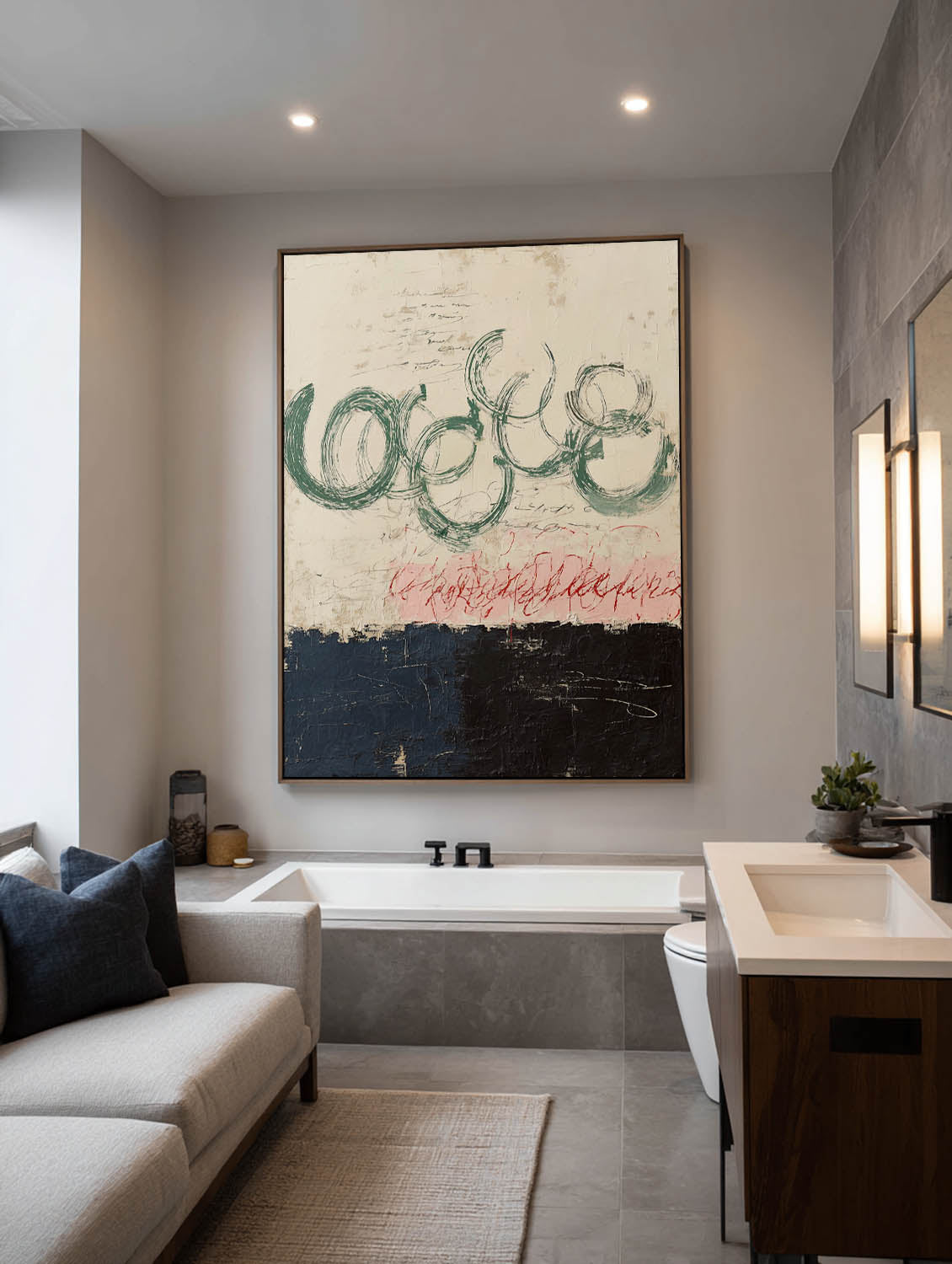 Minimalist Black And Beige Abstract Painting Beige And Green Line Abstract Artwork Large Minimalist Beige Canvas Painting