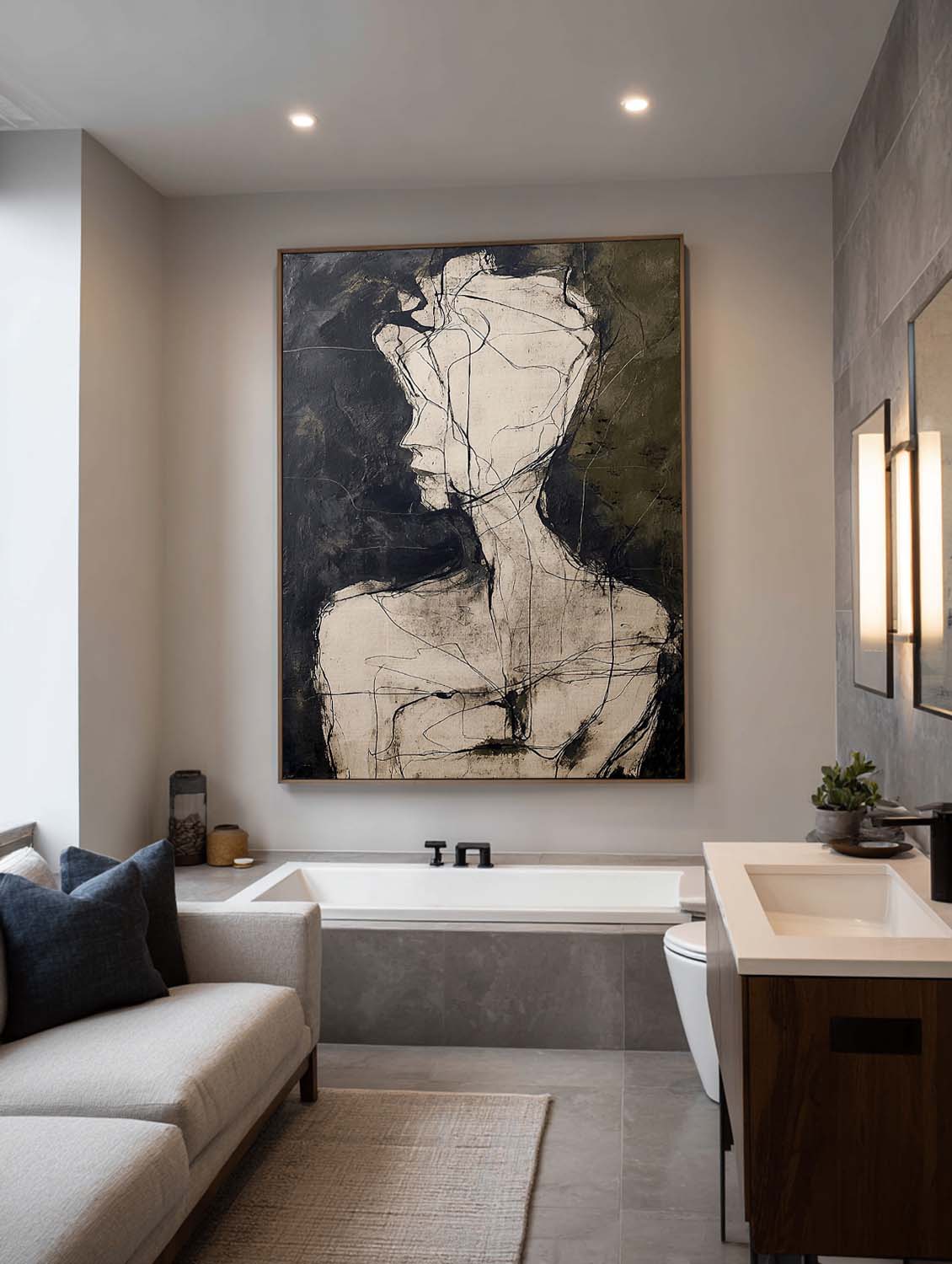 Contemporary Black and Beige Minimalist Figure Painting Minimalist Figurative Wall Art Organic Line Drawing Oil Artwork