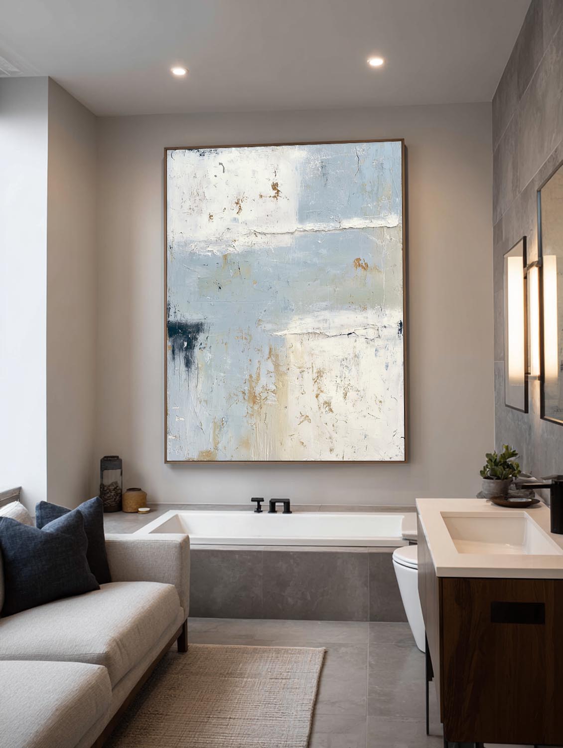 Large Blue And Gray Wabi Sabi Abstract Painting Minimalist Textured Canvas Wall Art For Modern Home Decor