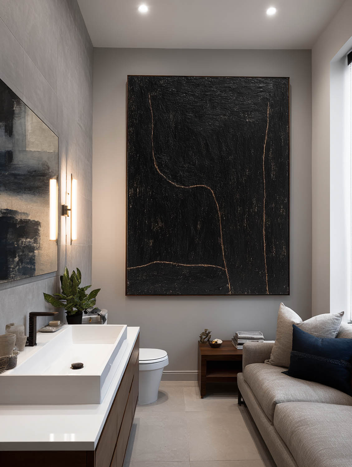 Black Minimalist Line Art Painting On Canvas Handmade Black Abstract Line Artwork Modern Black Textured Line Painting