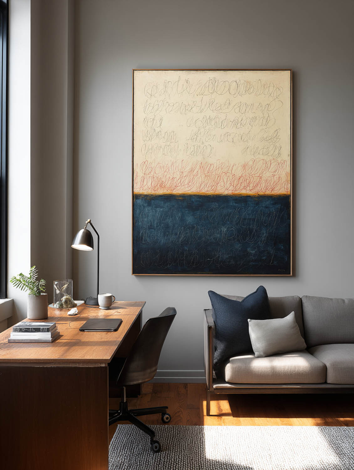 Large Beige and Blue Abstract Line Painting Original Hand-Painted Beige and Deep Blue Abstract Canvas Beige and Blue Abstract Line Art