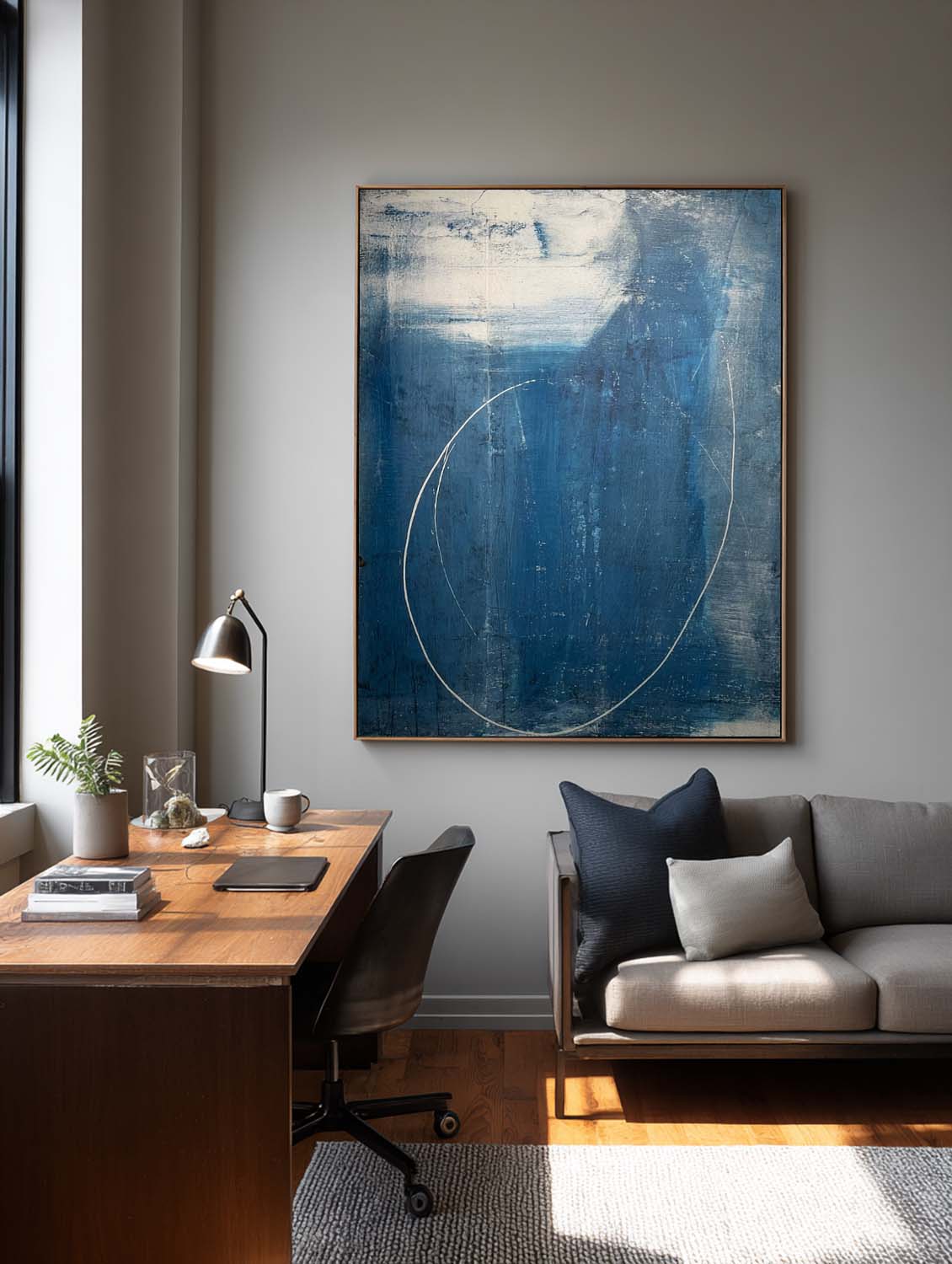 Navy Blue One Line Abstract Painting Minimalist Navy Blue Frame Wall Art Handmade Blue Abstract Line Canvas Art