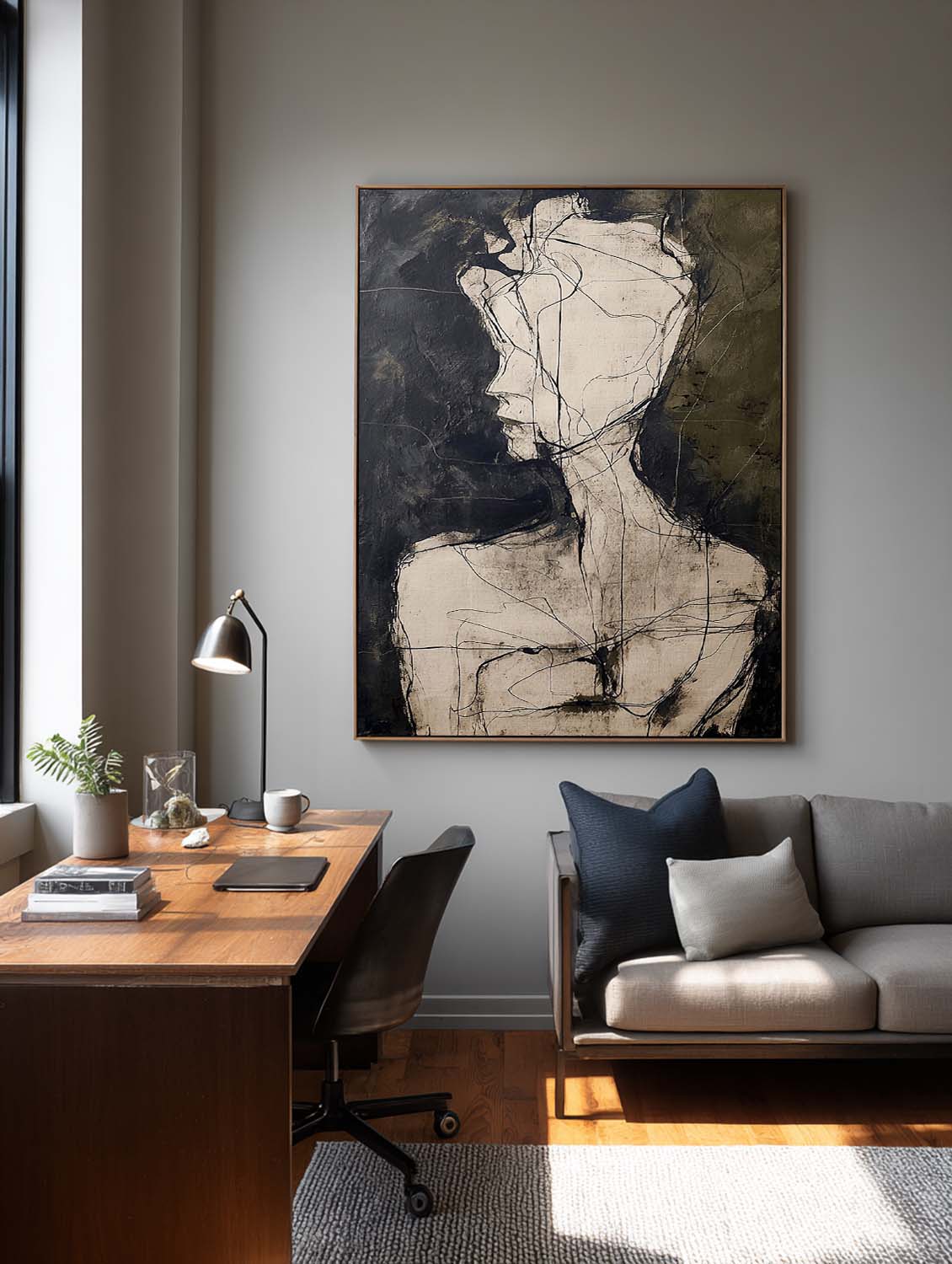 Contemporary Black and Beige Minimalist Figure Painting Minimalist Figurative Wall Art Organic Line Drawing Oil Artwork