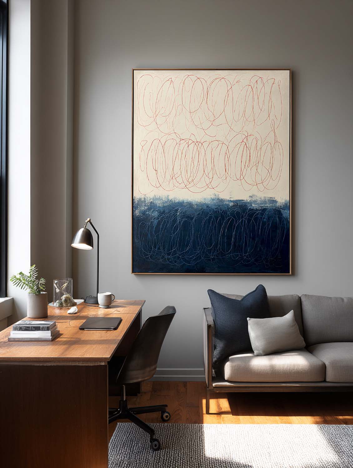 Large Minimalist Beige And Blue Abstract Line Painting Original Hand-Painted Line Wall Art Modern Neutral Beige Line Canvas Decor