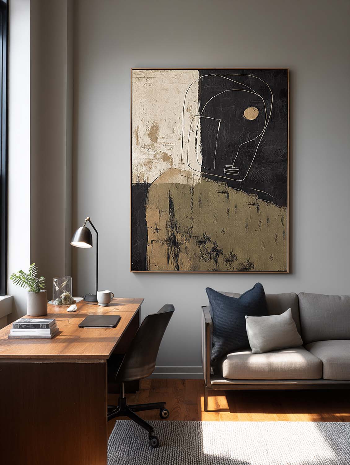 Contemporary Beige And Black Abstract Face Painting Original Black Abstract Portrait Wall Art Minimalist Abstract Figurative Oil Painting