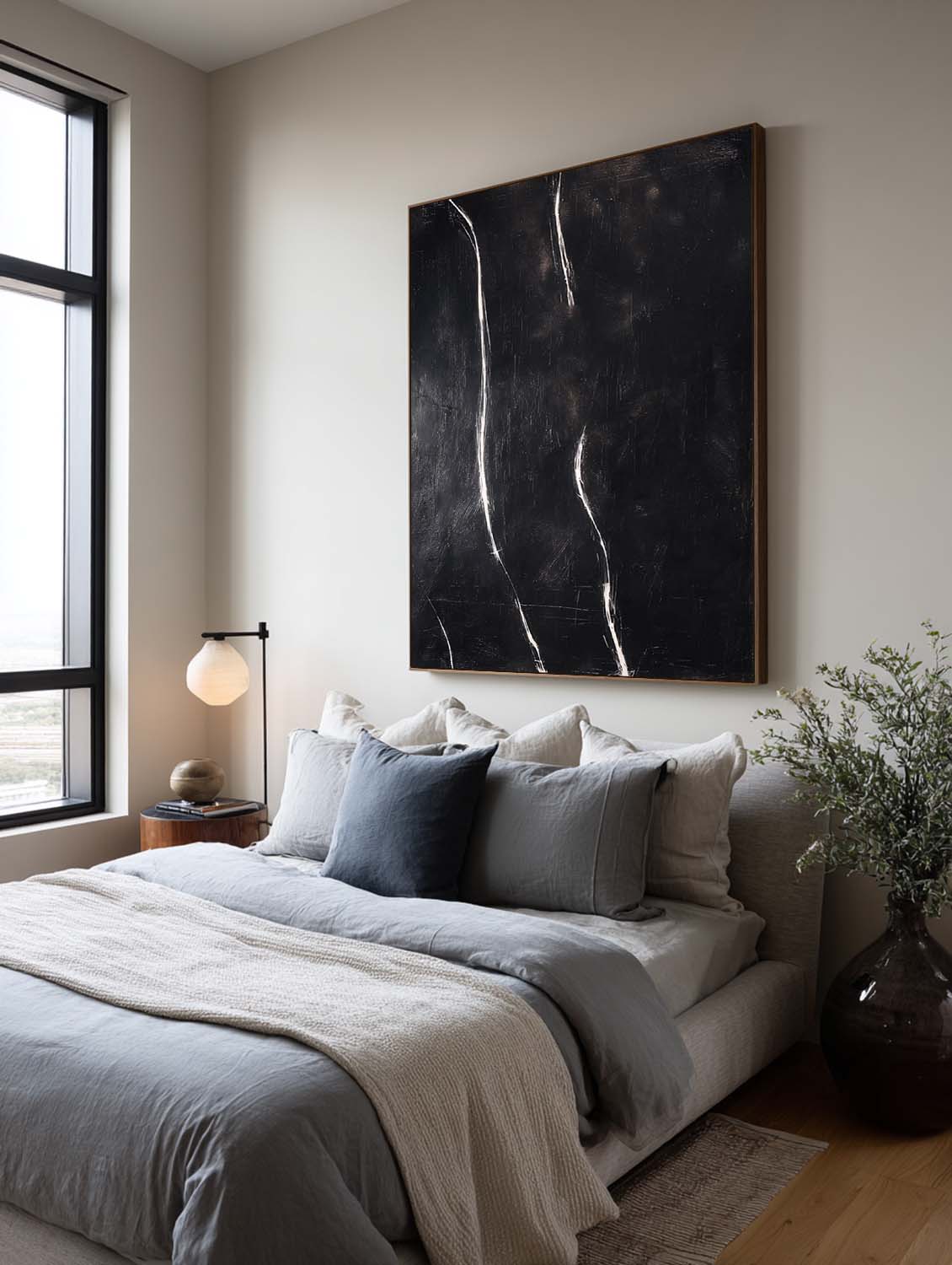 Handmade Black Minimalist Abstract Oil Painting Modern Black Abstract Textured Painting Black Minimalist Line Abstract Painting