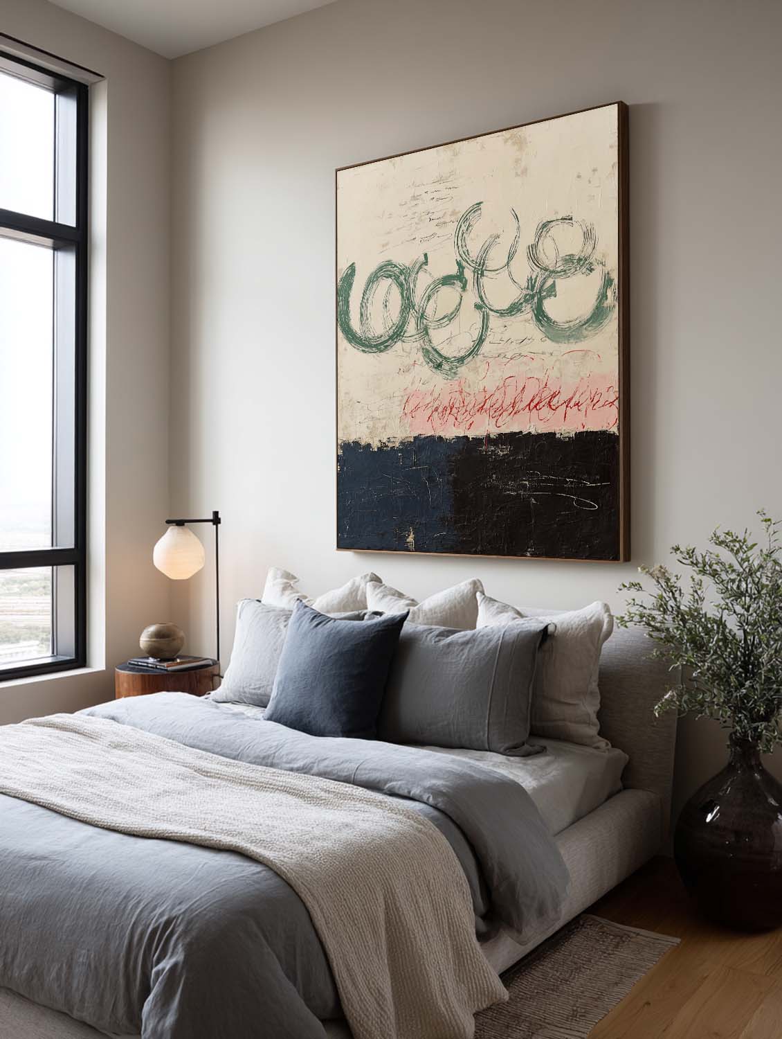 Minimalist Black And Beige Abstract Painting Beige And Green Line Abstract Artwork Large Minimalist Beige Canvas Painting