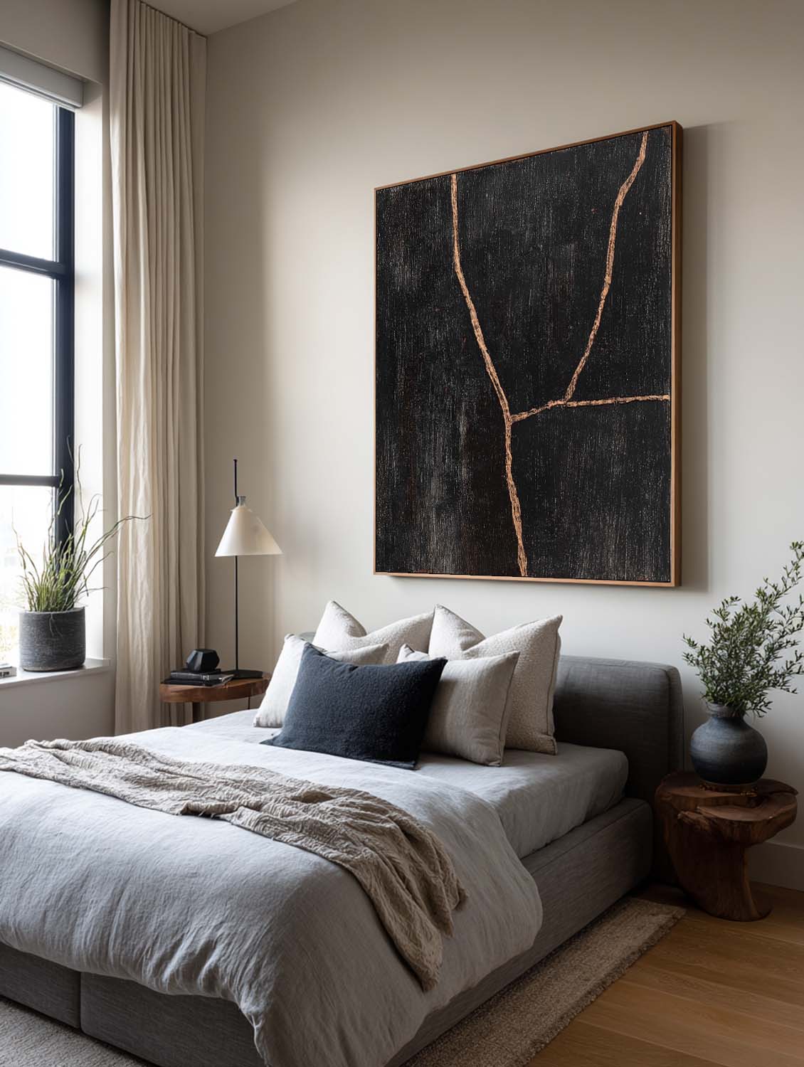 Handmade Black Line Abstract Painting Modern Black Abstract Canvas Painting Contemporary Black Line Oil Painting