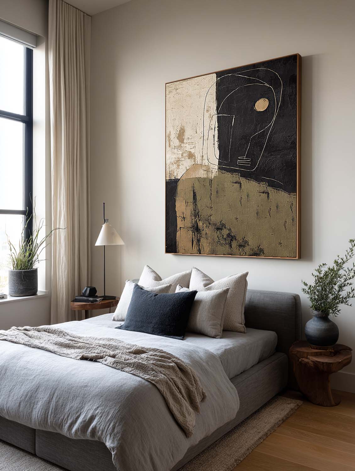 Contemporary Beige And Black Abstract Face Painting Original Black Abstract Portrait Wall Art Minimalist Abstract Figurative Oil Painting