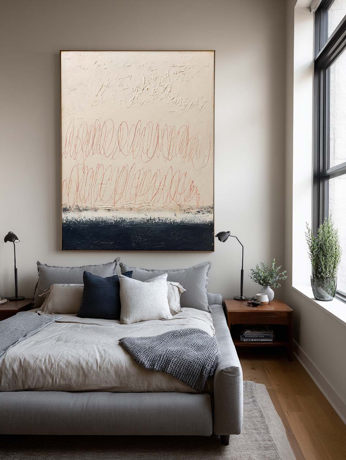 Original Hand-Painted Beige Line Wall Art Large Beige And Black Textured Abstract Painting Minimalist Beige Abstract Line Art