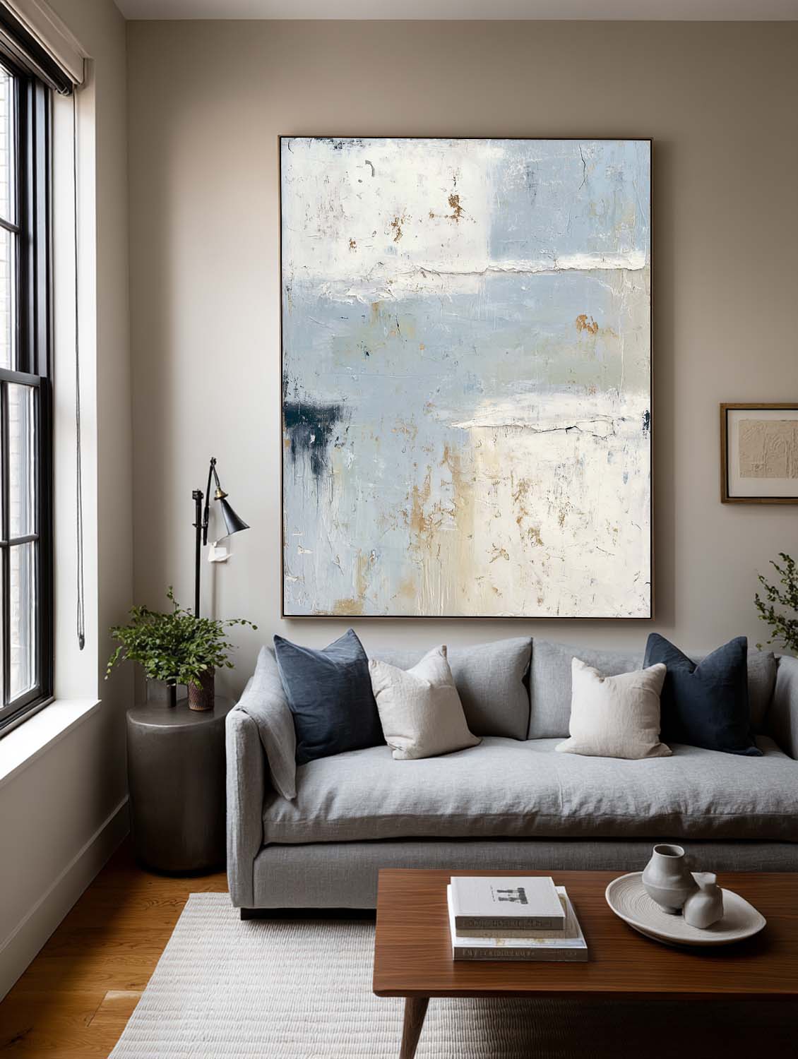 Large Blue And Gray Wabi Sabi Abstract Painting Minimalist Textured Canvas Wall Art For Modern Home Decor