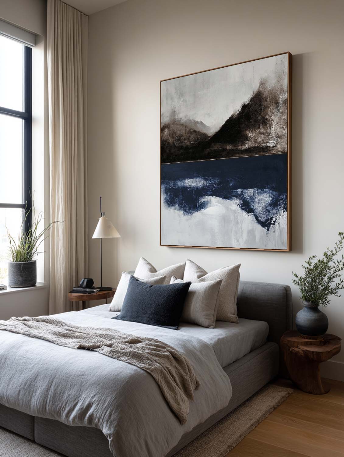 Minimalist Abstract Landscape Oil Painting Neutral Wabi Sabi Wall Art Black And Blue Handmade Canvas Painting