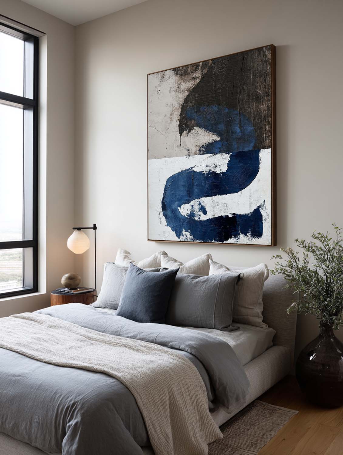 Modern Blue And Black Abstract Painting Minimalist Blue Line Textured Canvas Art Handmade Abstract Wall Decor