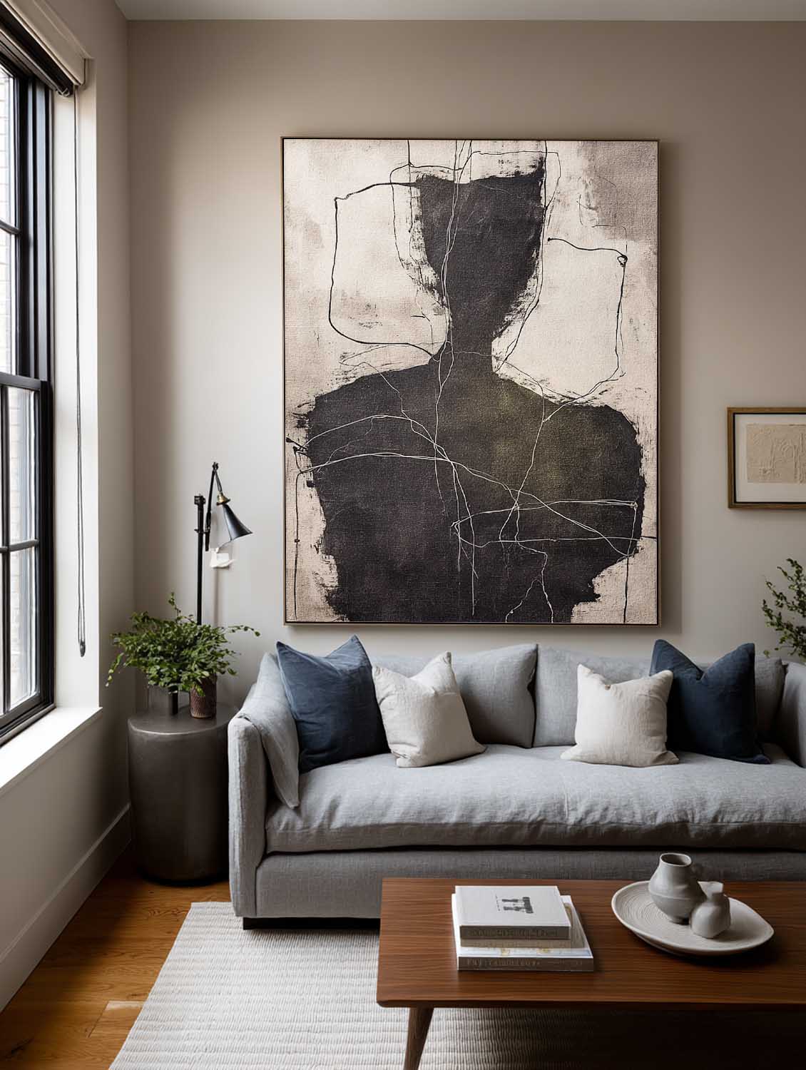 Large Black And Beige Minimalist Figure Oil Painting Original Abstract Line Artwork In Dark Green And Black Tones