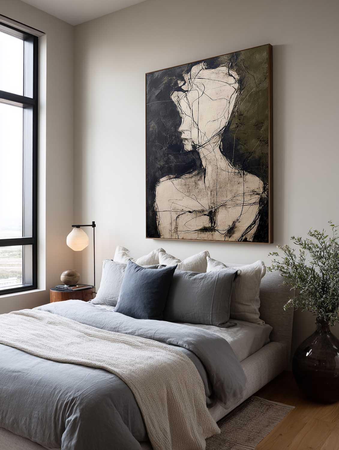 Contemporary Black and Beige Minimalist Figure Painting Minimalist Figurative Wall Art Organic Line Drawing Oil Artwork