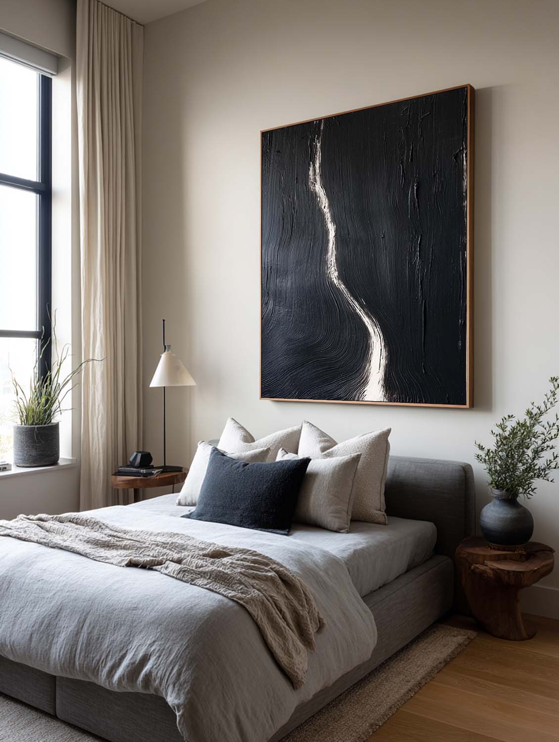 Modern Minimalist Black Oil Painting Contemporary Black Abstract Line Painting Large Black Abstract Texture Wall Art